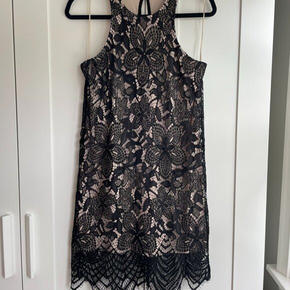 Express Black Lace Sleeveless Dress w/ Scalloped Hem & Keyhole Back - Picture 1 of 5